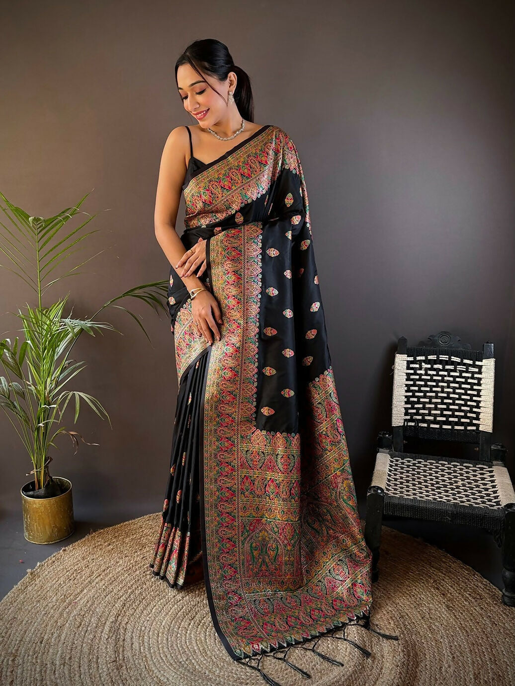 Joban Fashion Black Meena Weaves Pashmina Sarees