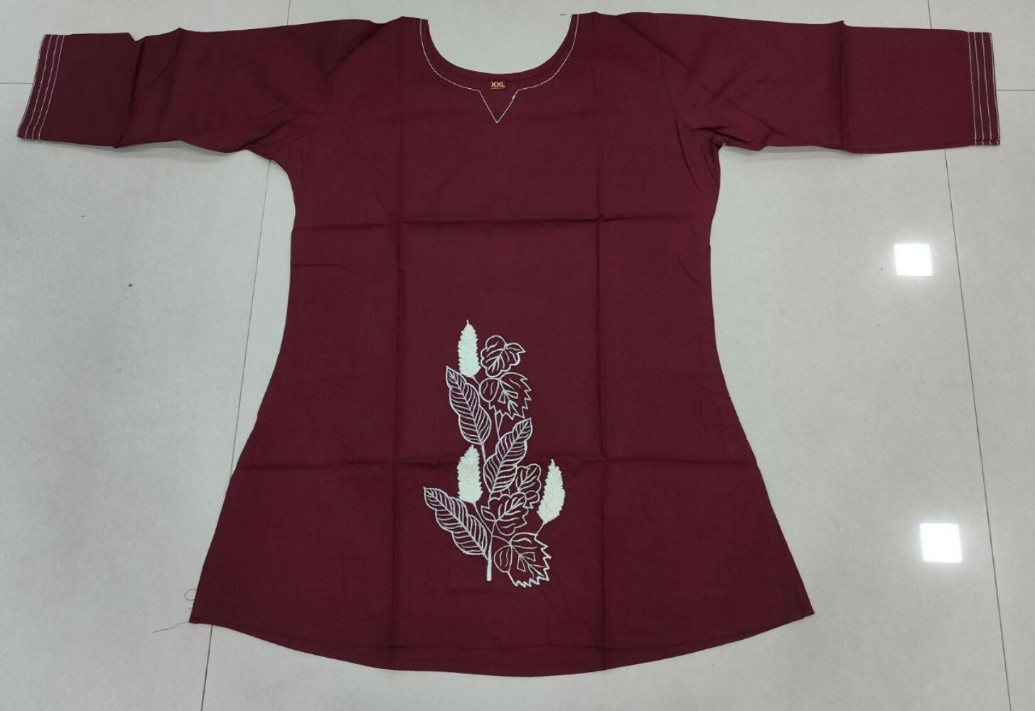 Teeya Creation Womens New Latest Cotton Wine Floral Embroidered Short Kurti