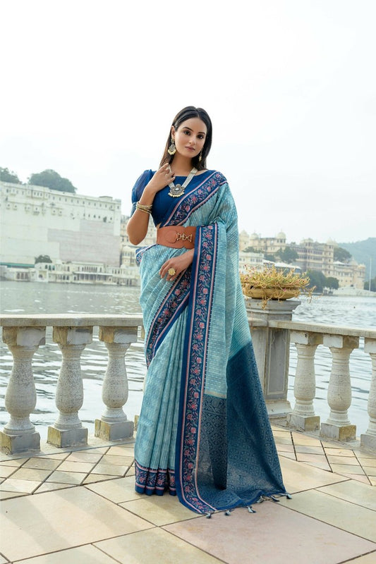 Aastha Fashion Blue Floral Printed Cotton Silk Saree with Blouse - Grab2buy