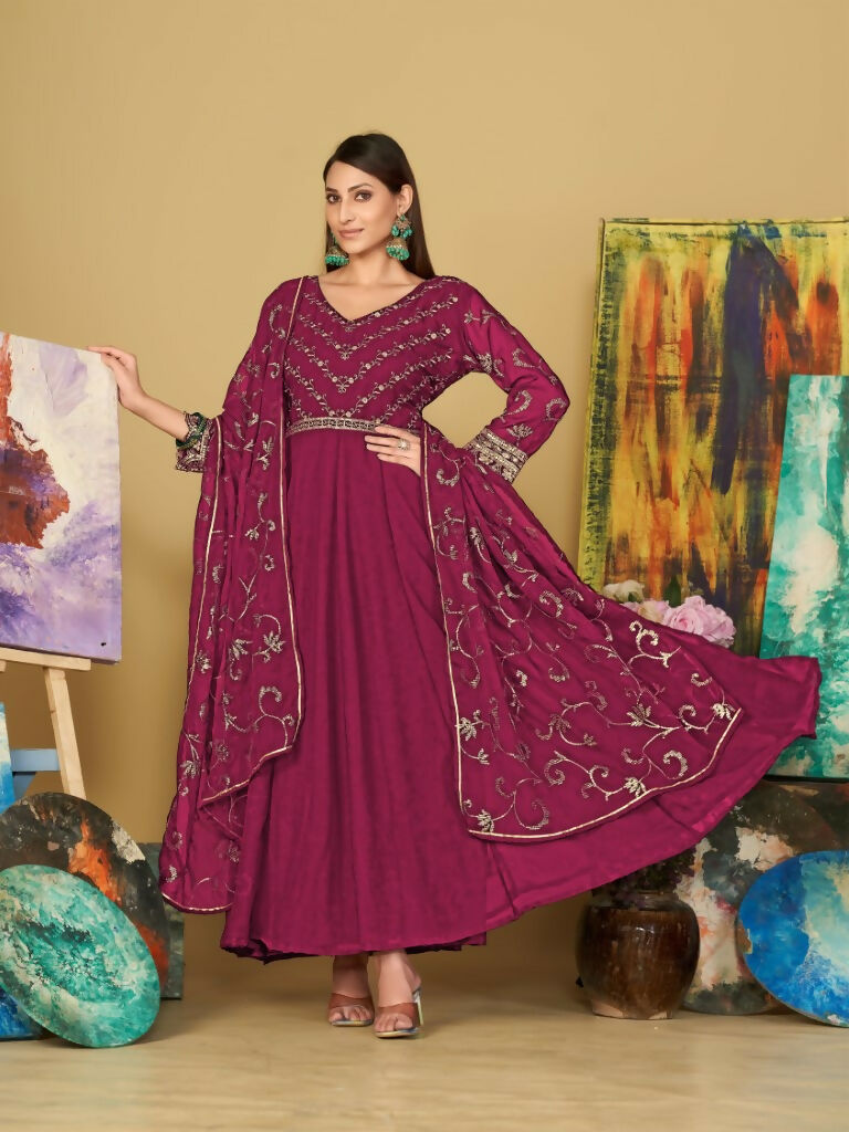 Jyoti Fashion Women's Rani Pink Georgette Embroidered Anarkali Kurta Pant Set With Dupatta