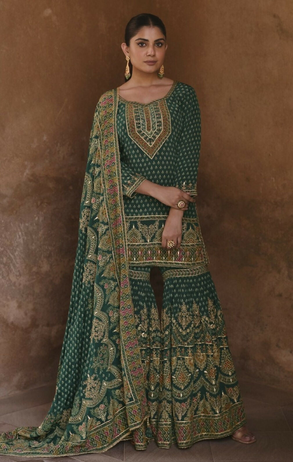 Anaita Dark-Green Silk Readymade Palazzo Suit with Swarovski Work