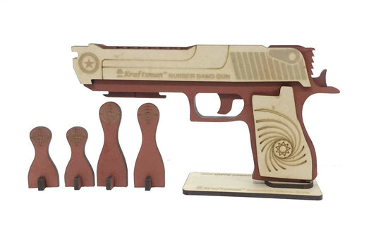 Kraftsman Kraftsman Semi-Automatic Wooden Rubber Band Shooting Gun Toys for Kids & Adults with Target | 5 Rapid Fire Shots (Dark Brown) - Grab2buy