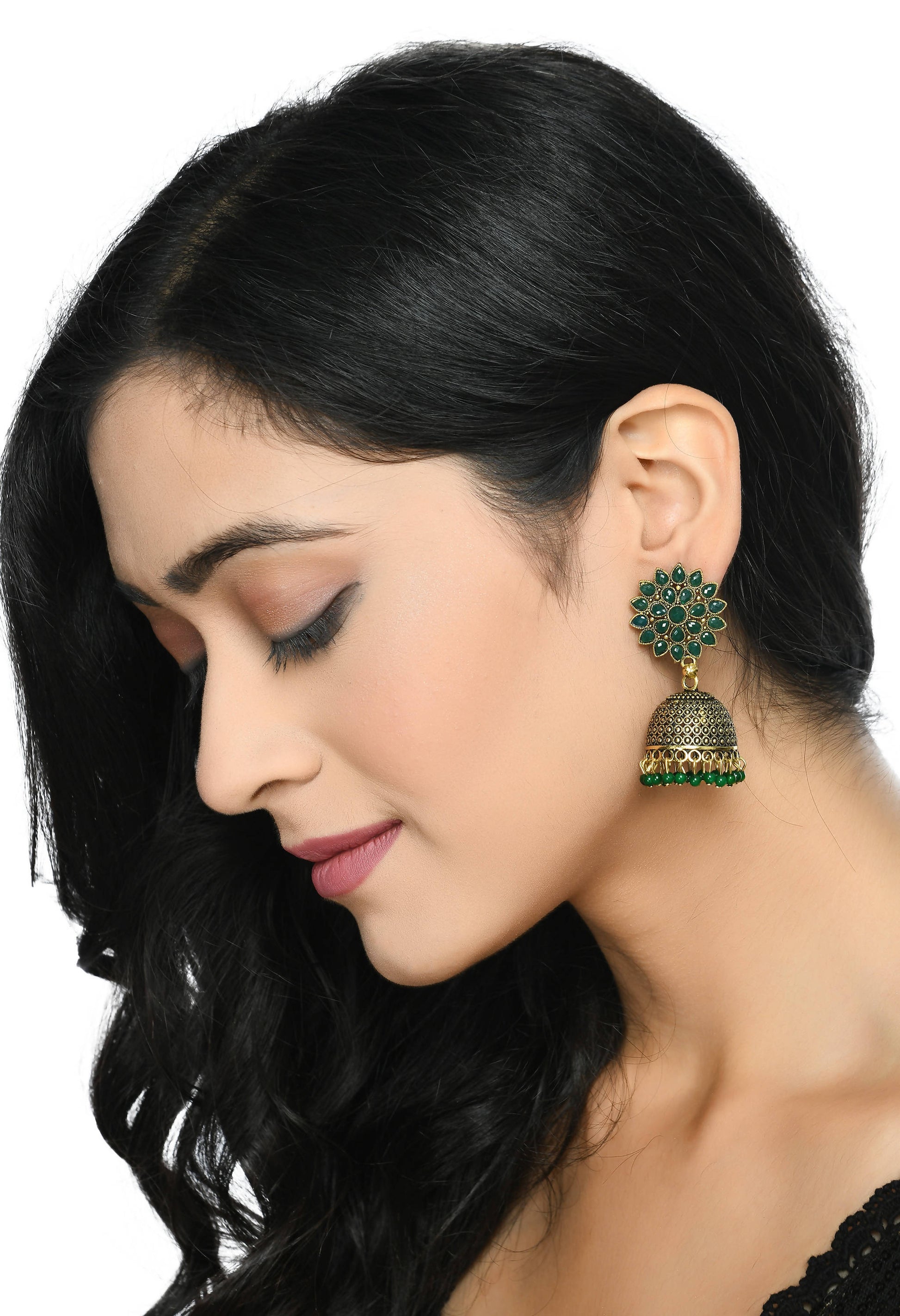 Mominos Fashion Johar Kamal Beautiful Kundan Work Jhumka With Green Beads - Grab2buy