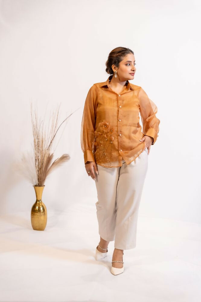 Timaraa Rust Brown Organza Shirt With Pearl & Katdana Embellishment  Grab2Buy Timaraa Grab2Buy