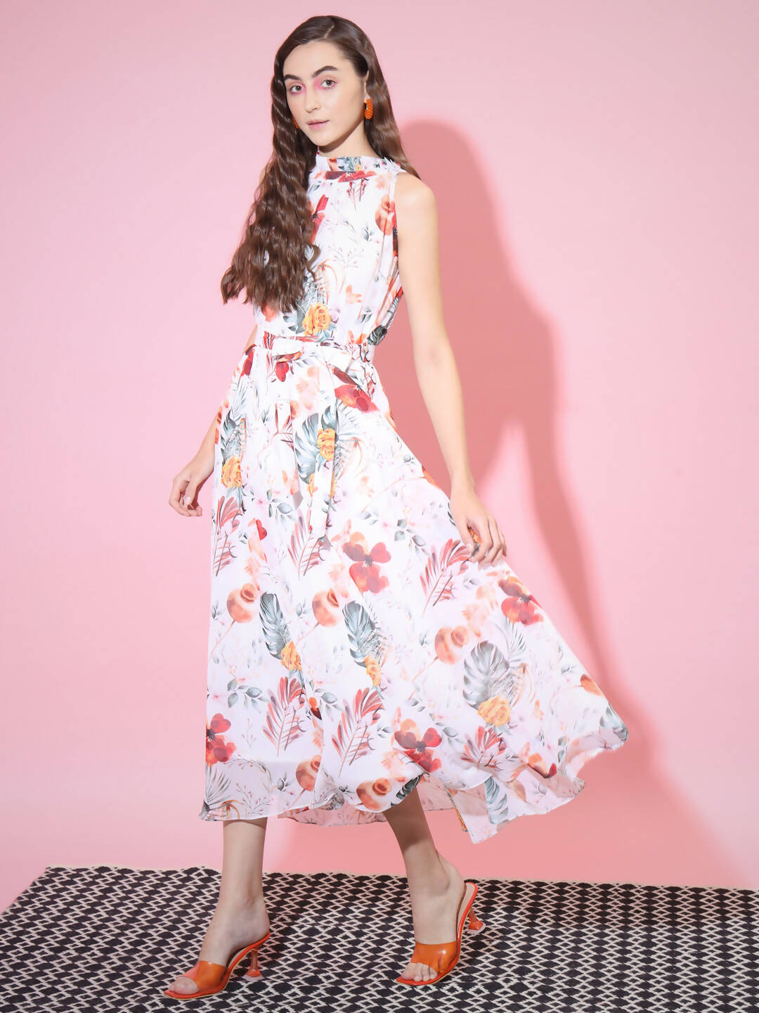 Myshka Women's White Floral Printed Empire Dress