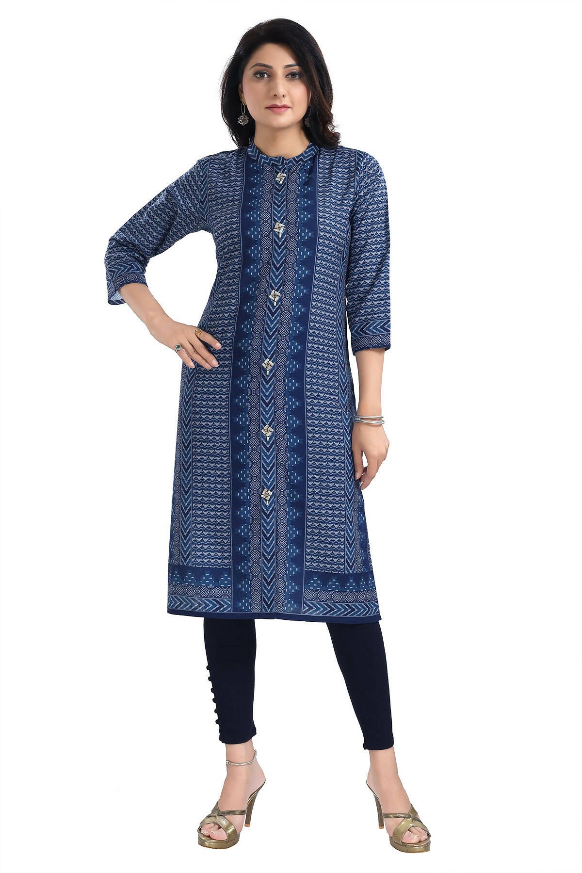 Snehal Creations Blue Designer Digital Print Cotton Slub Fabric Long Kurti Tunic