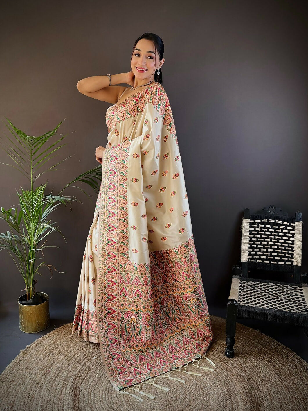 Joban Fashion White Meena Weaves Pashmina Sarees