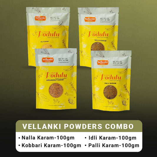 Vellanki Foods Powders 4 Pack Combo (Each 250 gm) - Nalla Karam, Idli Karam, Kobbari Karam, Palli Karam 