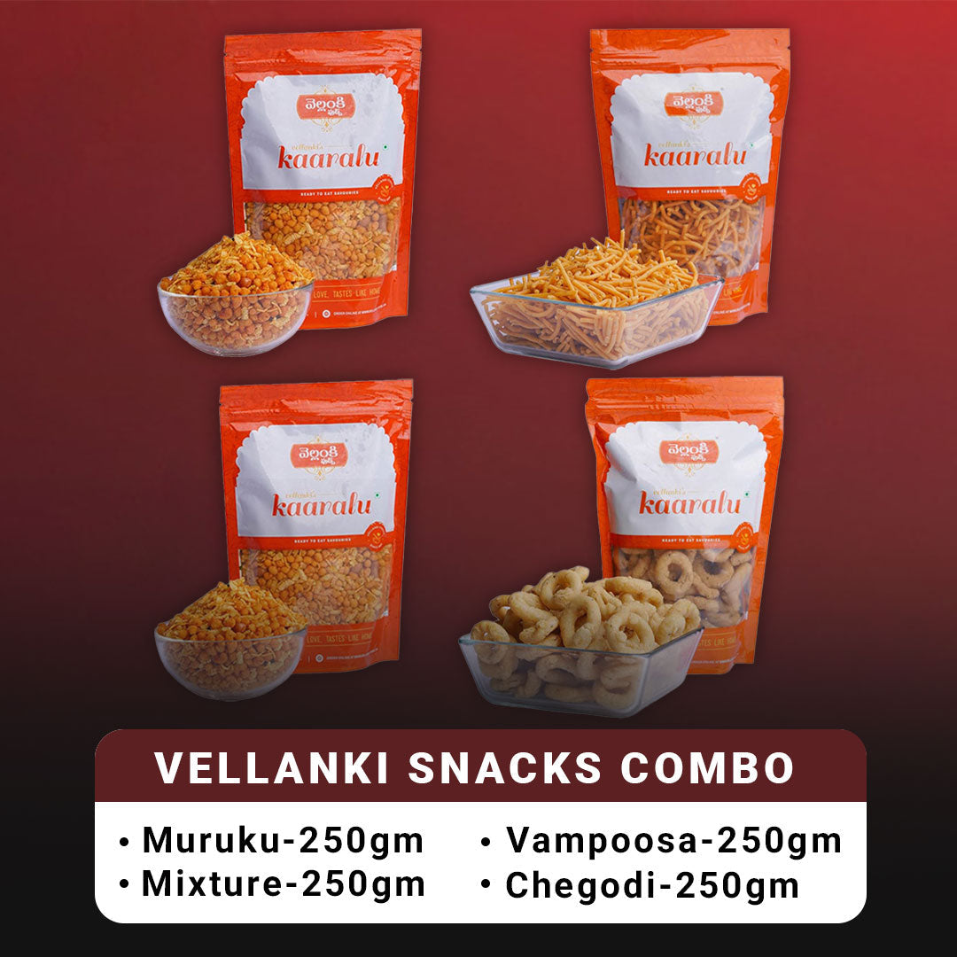 Vellanki Foods Namkeen Combo Pack (250g Each) - Muruku, Chegodi, Vampoosa, Mixture - Grab2buy