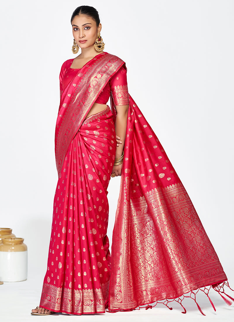 Vellora Rani Pink Premium Banarasi Silk Saree with Rich Golden Zari | Swadesiicart