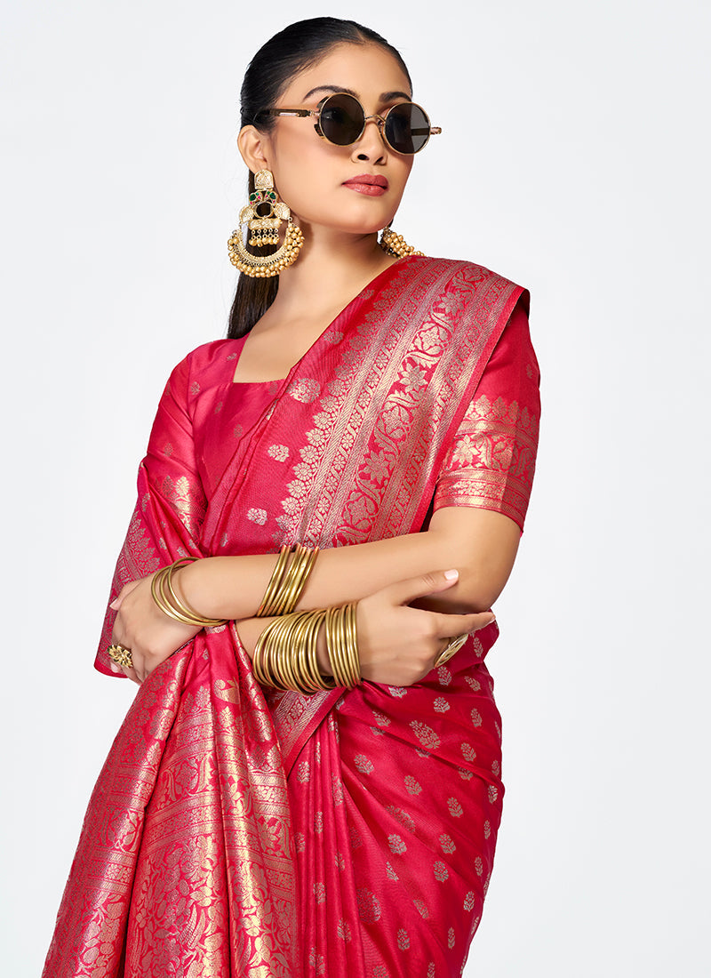 Vellora Rani Pink Premium Banarasi Silk Saree with Rich Golden Zari | Swadesiicart