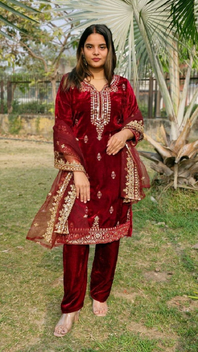 Lehenga Mart Designer Velvet Ready to wear Kurta Pant Dupatta for Women