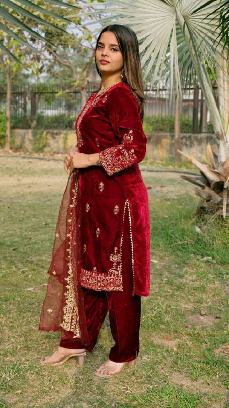 Lehenga Mart Designer Velvet Ready to wear Kurta Pant Dupatta for Women