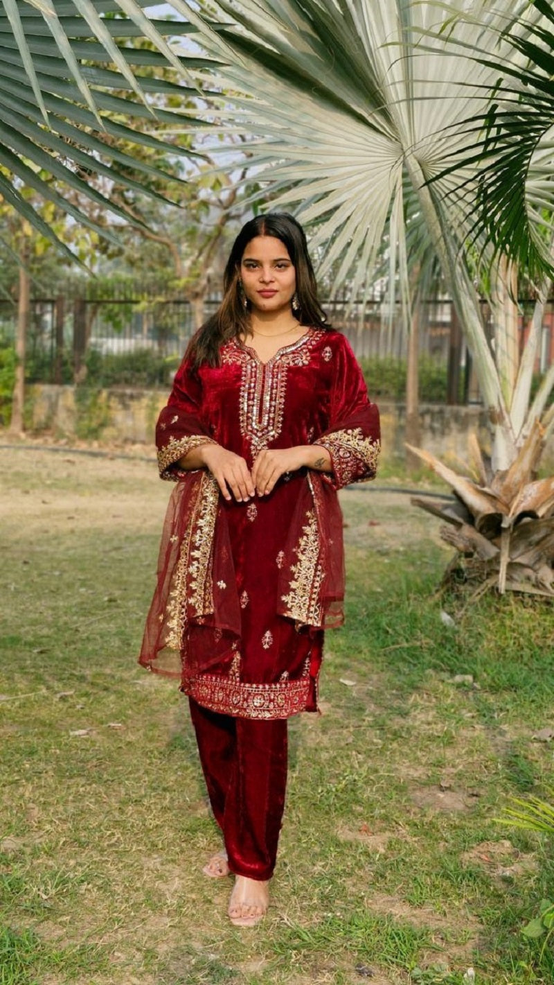 Lehenga Mart Designer Velvet Ready to wear Kurta Pant Dupatta for Women