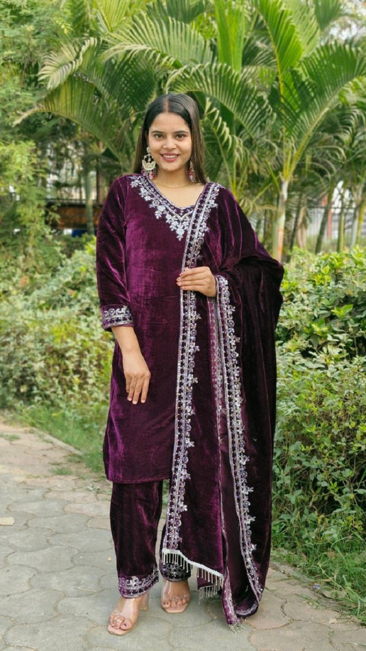 Lehenga Mart Designer Velvet Ready to wear Kurta Pant Dupatta for Women