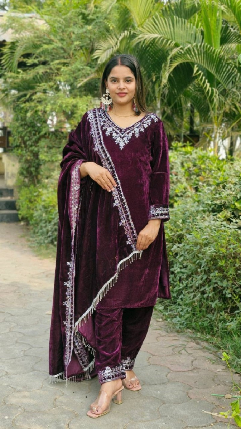 Lehenga Mart Designer Velvet Ready to wear Kurta Pant Dupatta for Women