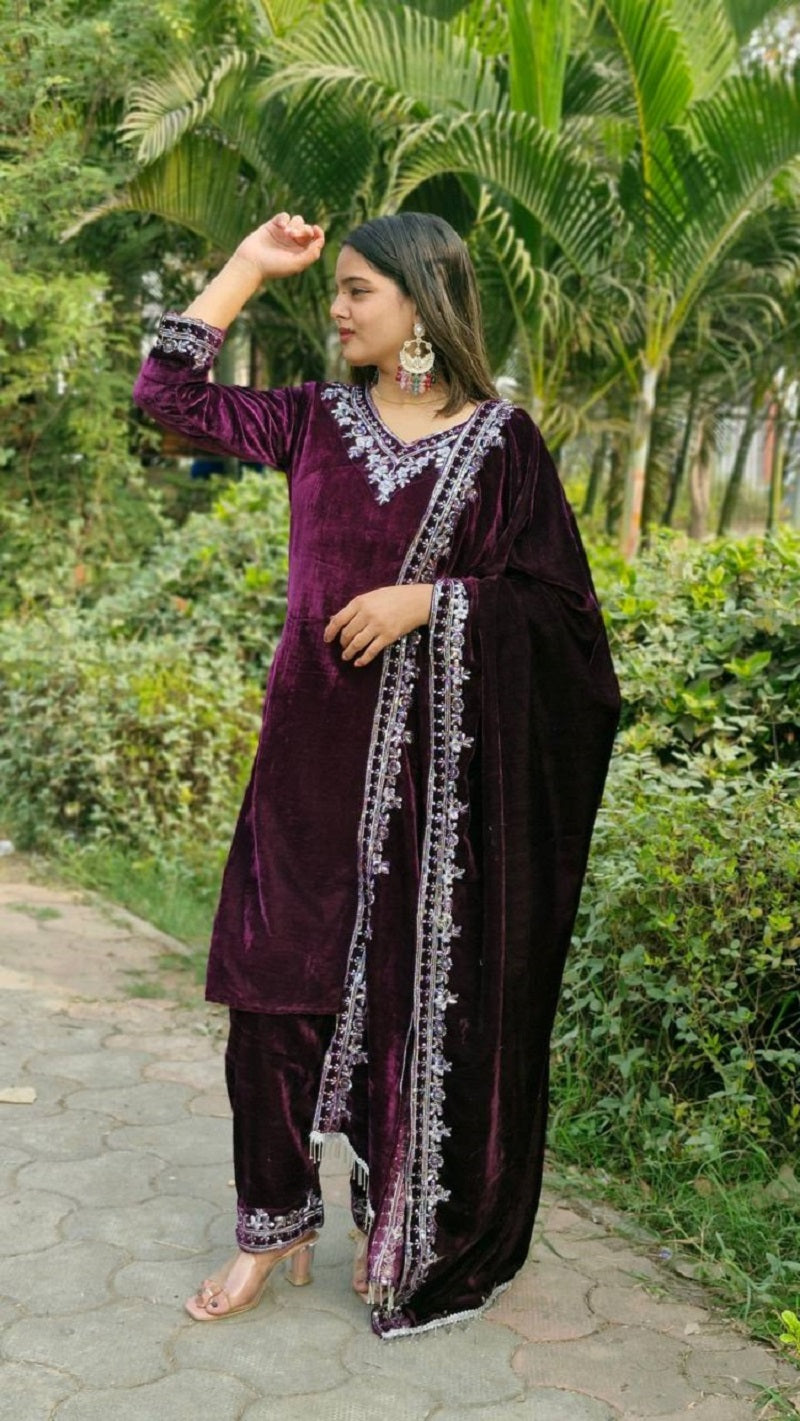 Lehenga Mart Designer Velvet Ready to wear Kurta Pant Dupatta for Women