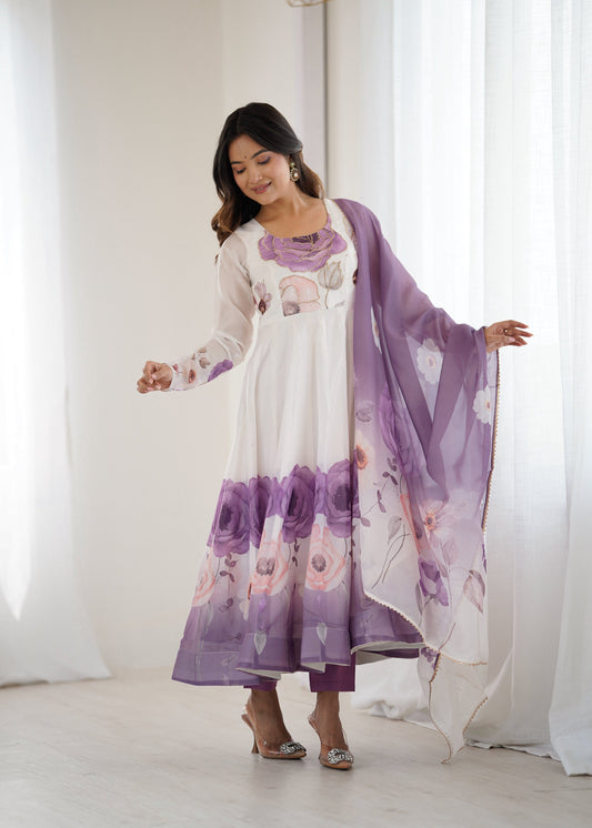 Lorenvalley Fashion Soft Organza Silk Front On Fancy Badla Jari Work Flower Position Print Outing Work Anarkali Kurta Pant With Dupatta Set
