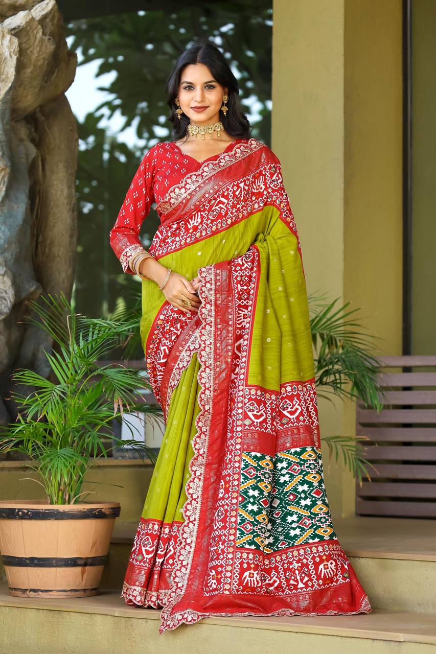 Teeya Creation Olive Color Mercerized New Sigma Silk Ikkat Saree