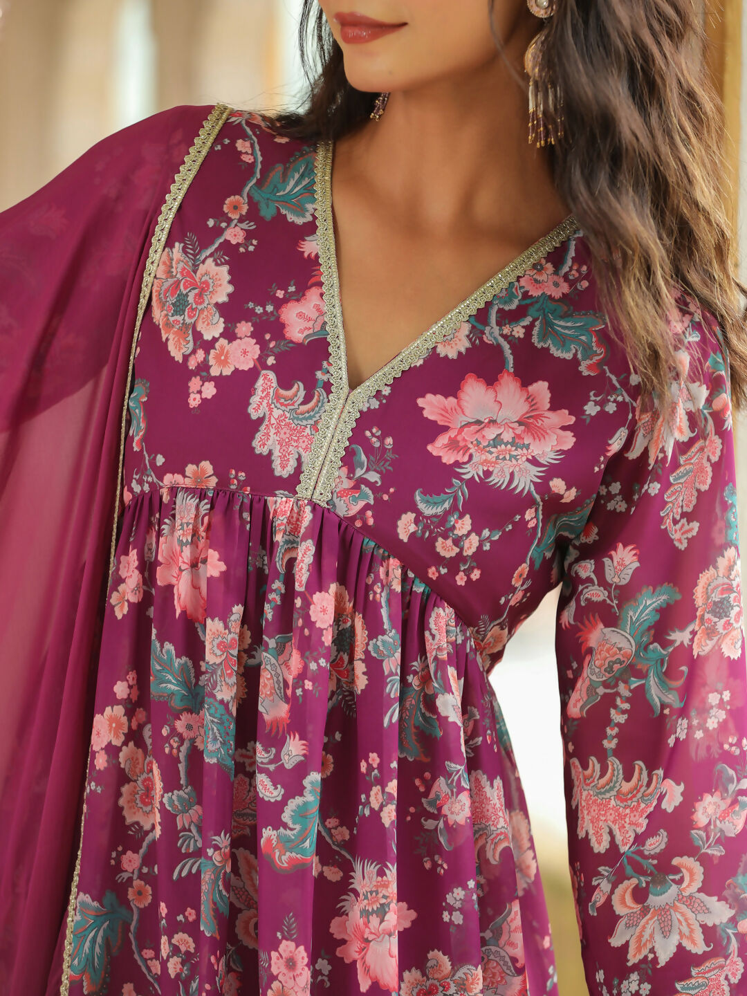 Janasya Purple Georgette Floral Kurta,Bottom & Dupatta 
