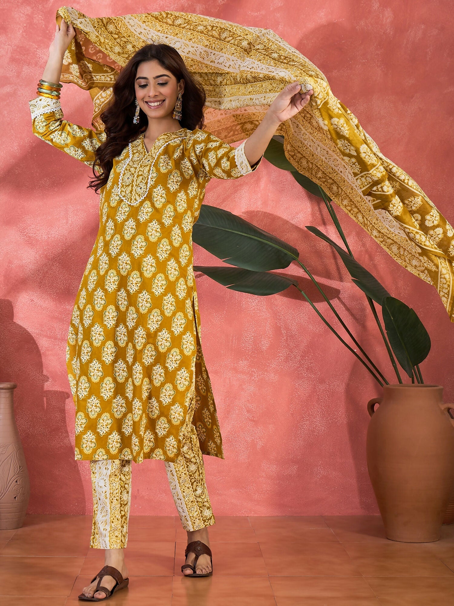 Joban Fashion Printed Mustard Pure Cotton Kurta Set