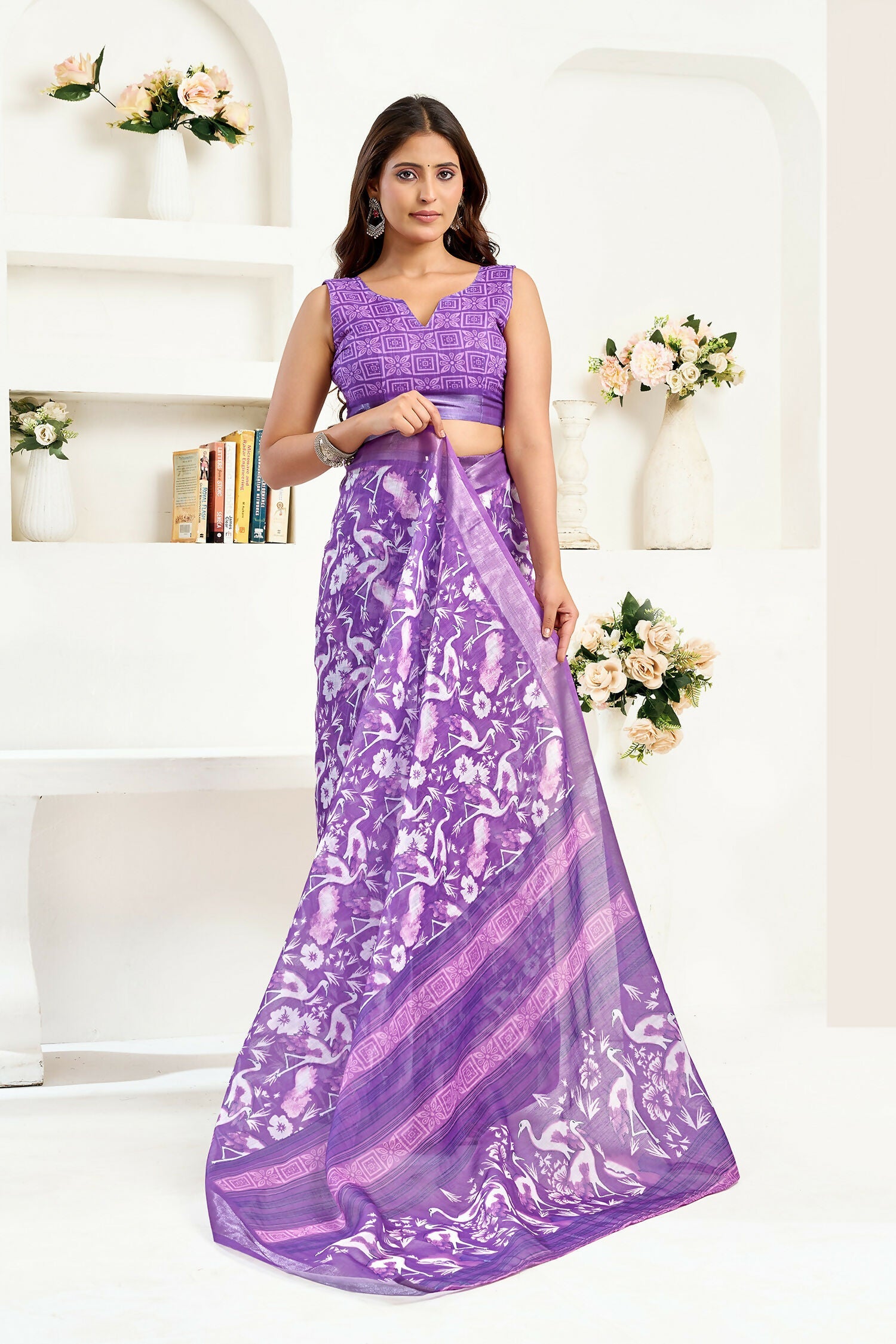 Joban Fashion Purple  Floral And Bird Motifs Linen Ready To Wear Saree With Unstitched Blouse