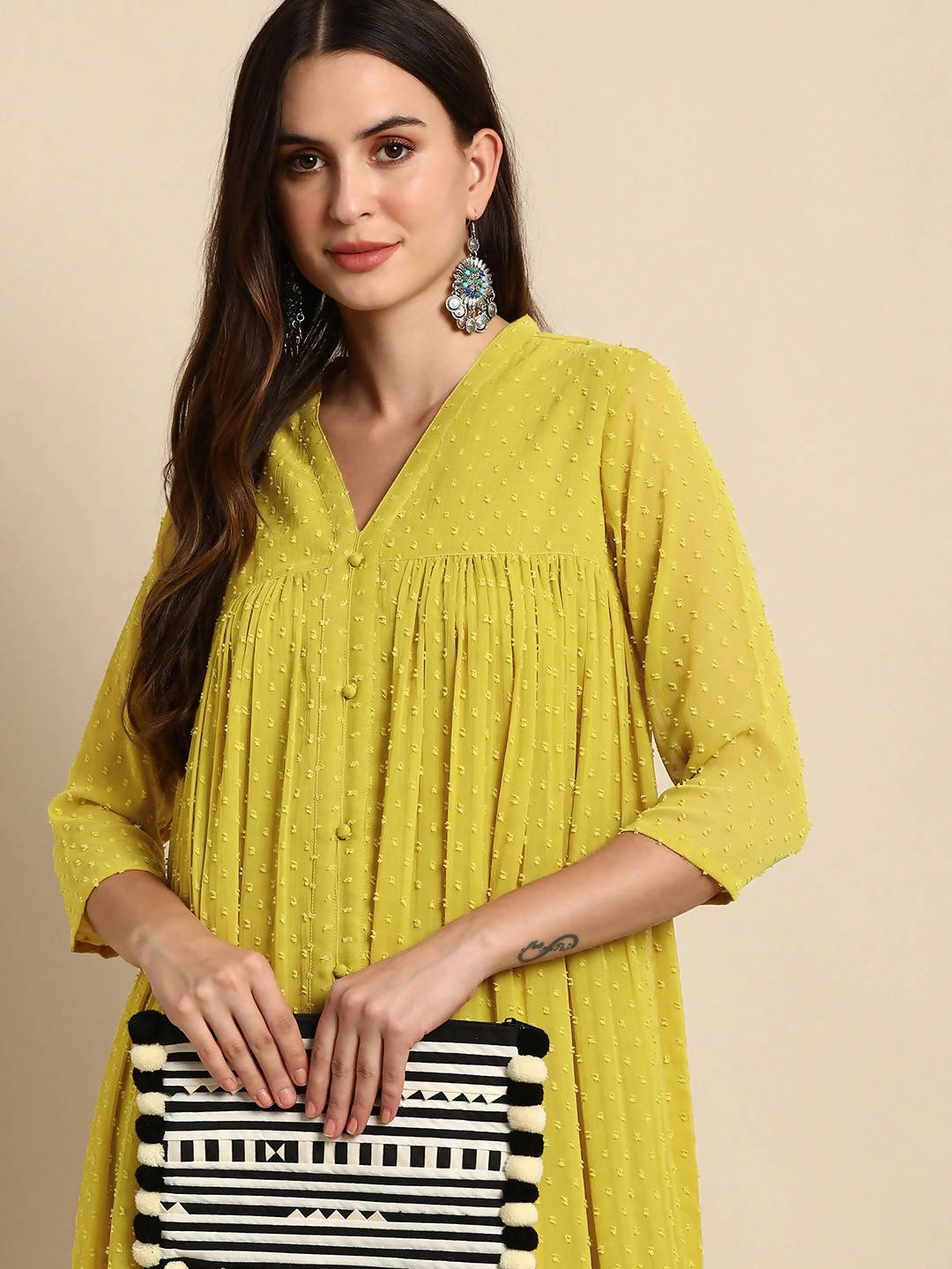 Janasya Women Mustard Yellow Dobby Weave Poly Chiffon Kurta