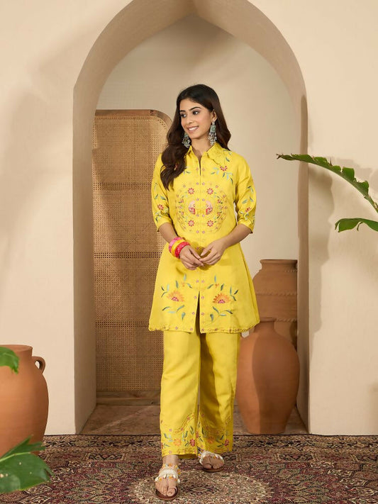 Joban Fashion Women Yellow Roman Silk Embroidered Stitched Kurta Set