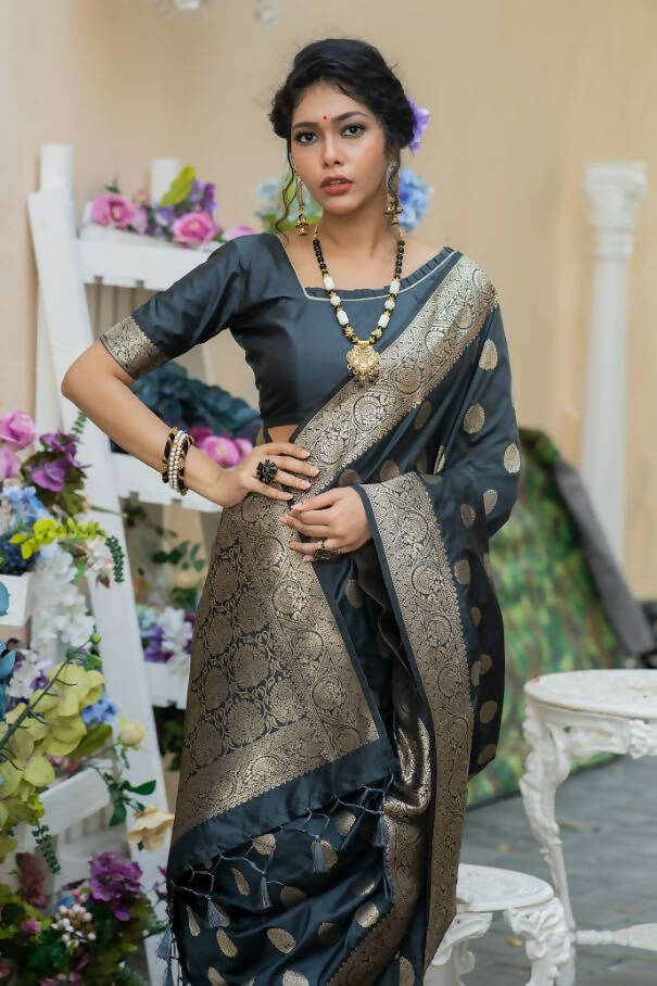 Vishnu Weaves Women's Grey Banarasi Silk Floral Zari Woven Grab2Buy with Unstitched Blouse 