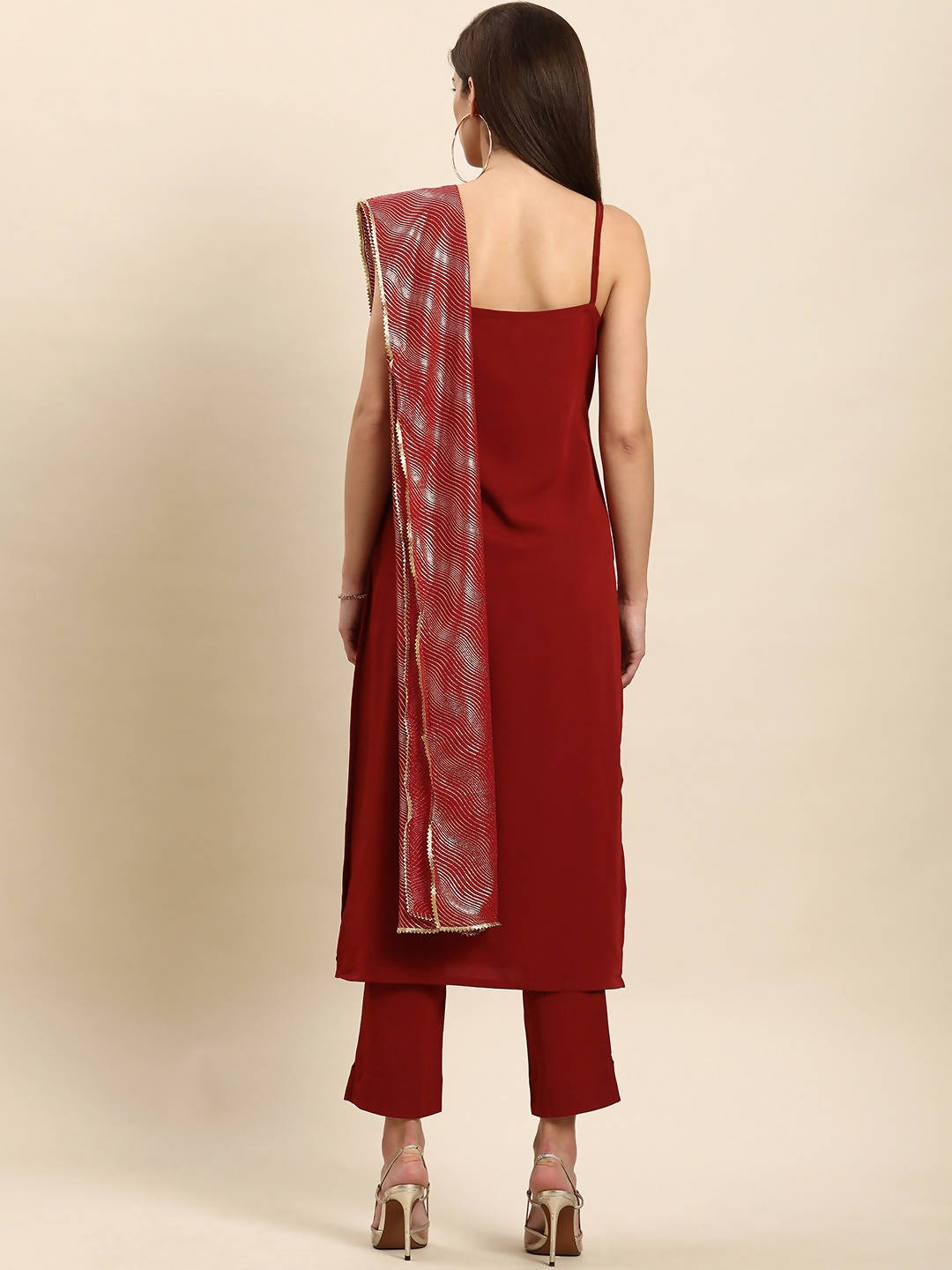 Janasya Women Maroon Kurta with Trousers & With Dupatta