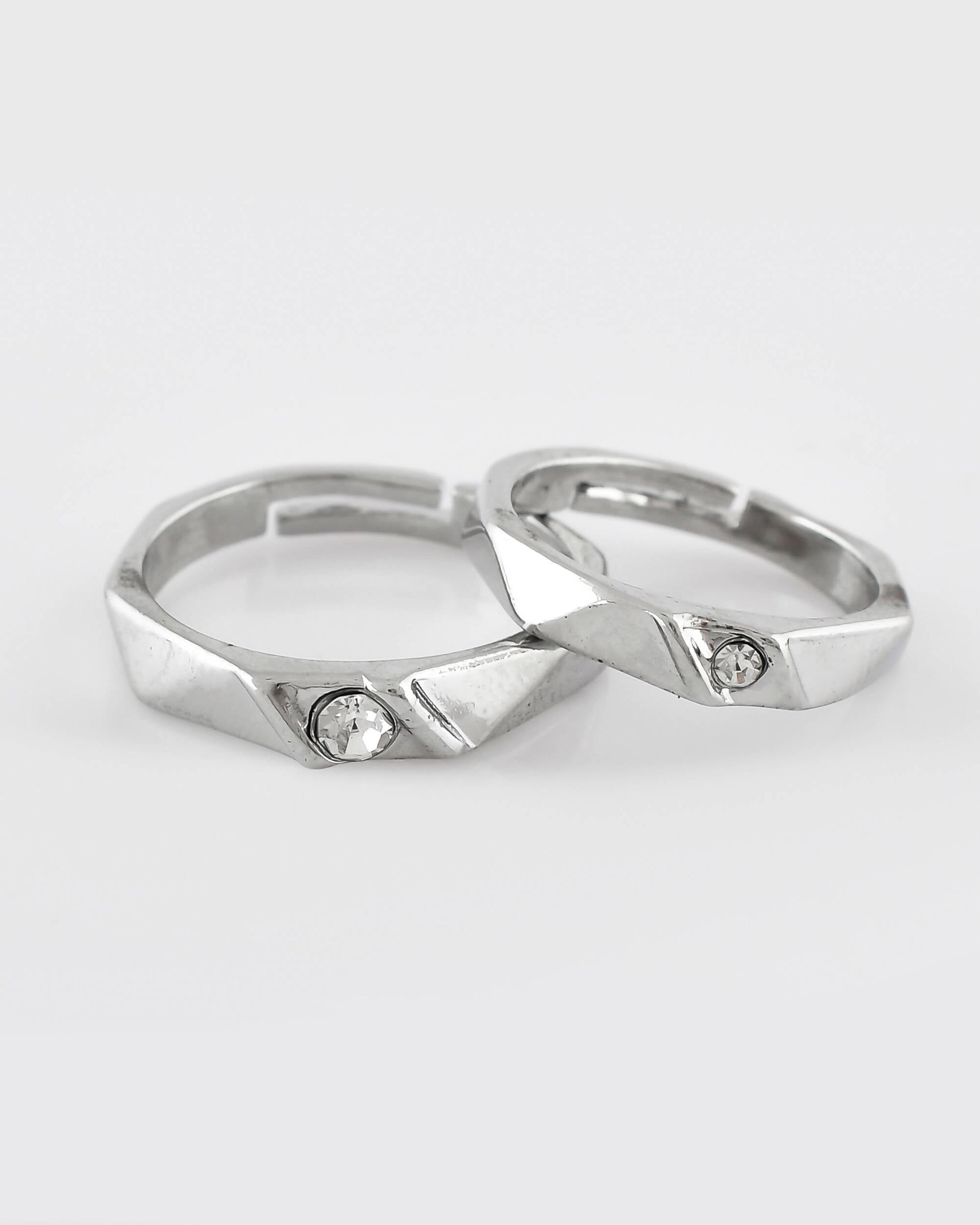 VOJ Stainless Steel Cubic Zirconia Silver Plated Adjustable Ring Set for Couple 