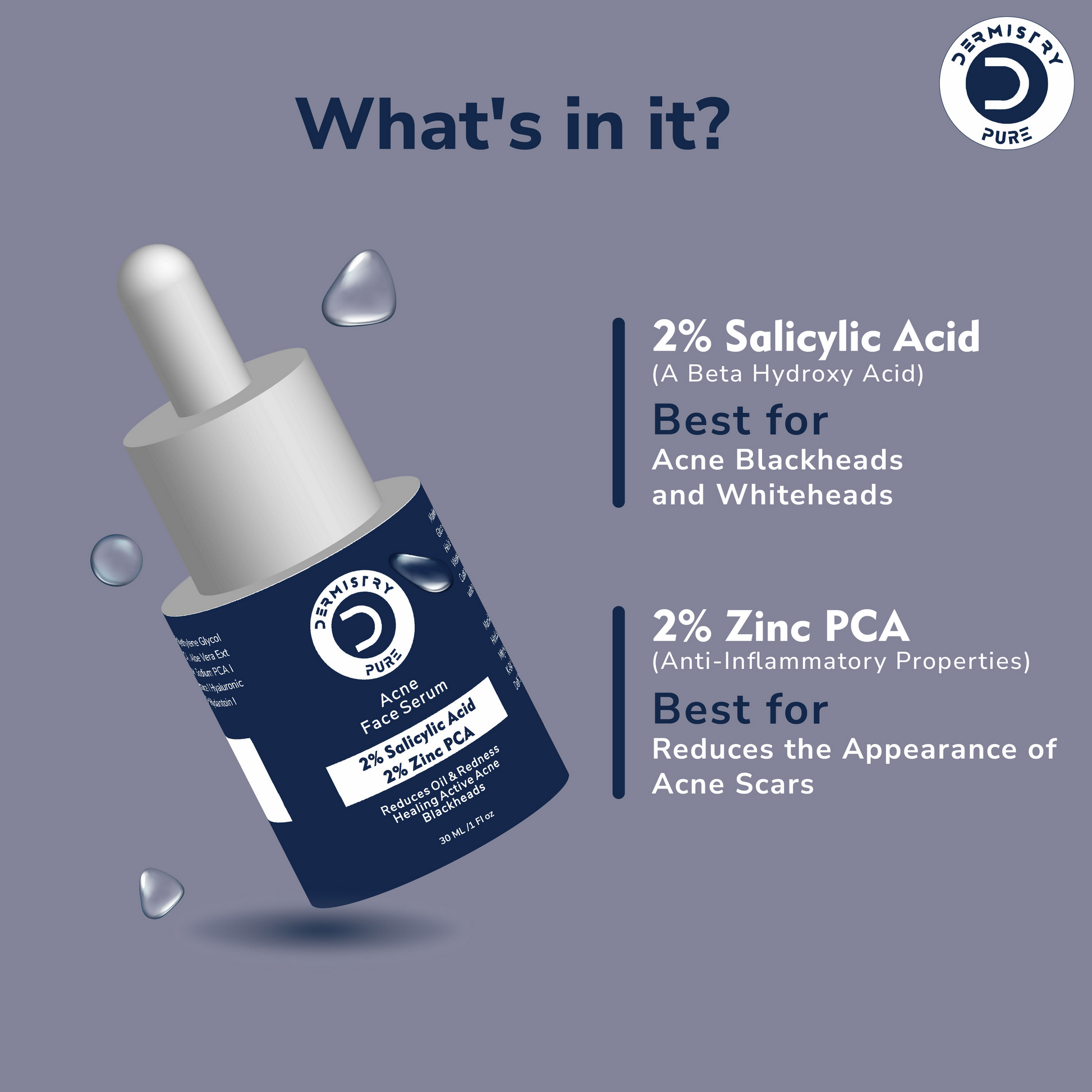 Dermistry 2% Salicylic Acid 2% Zinc Face Serum For Oily Acne Prone Skin Blackhead & Whiteheads Scars 