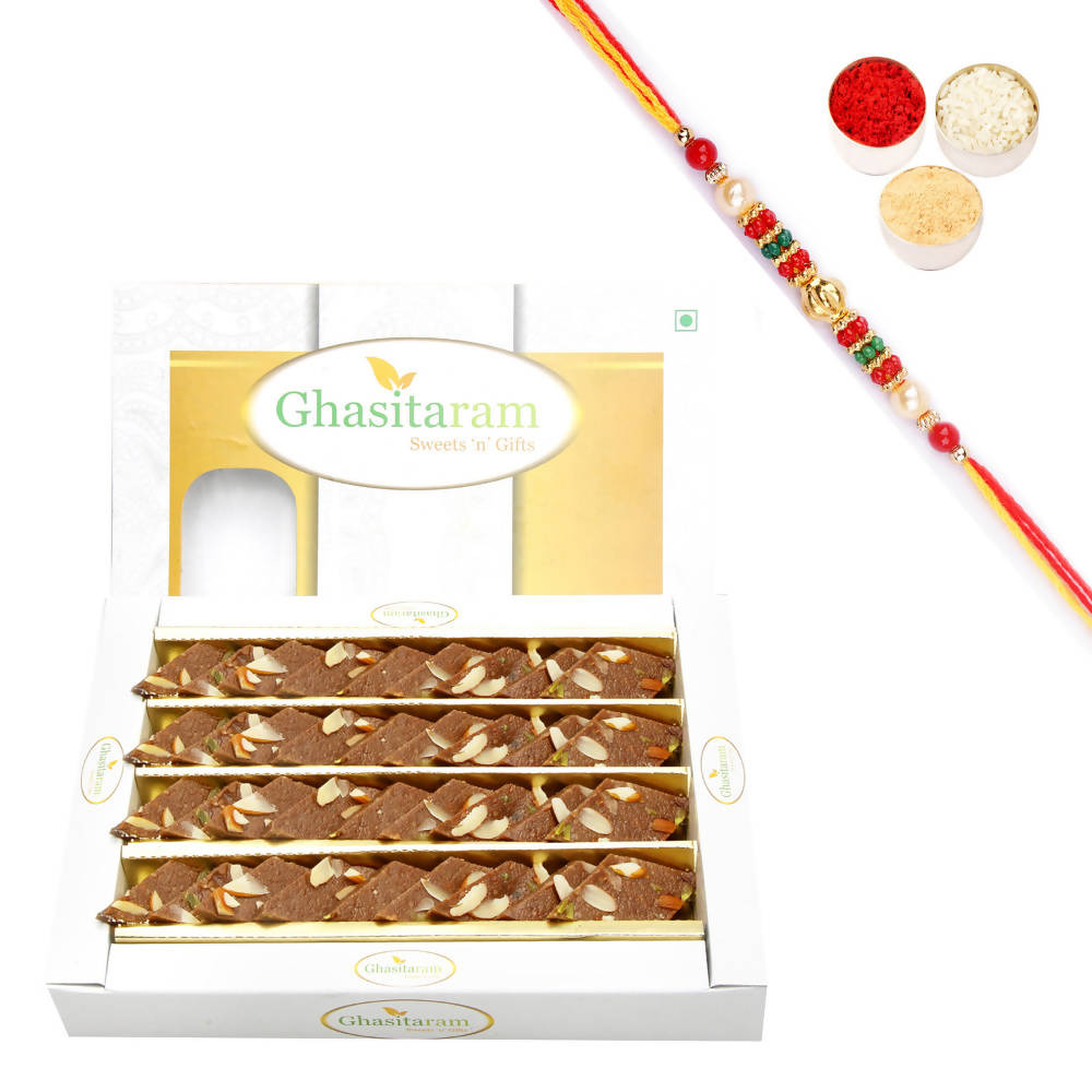 Ghasitaram Chocolate Kaju Katli With Pearl Beads Rakhi 