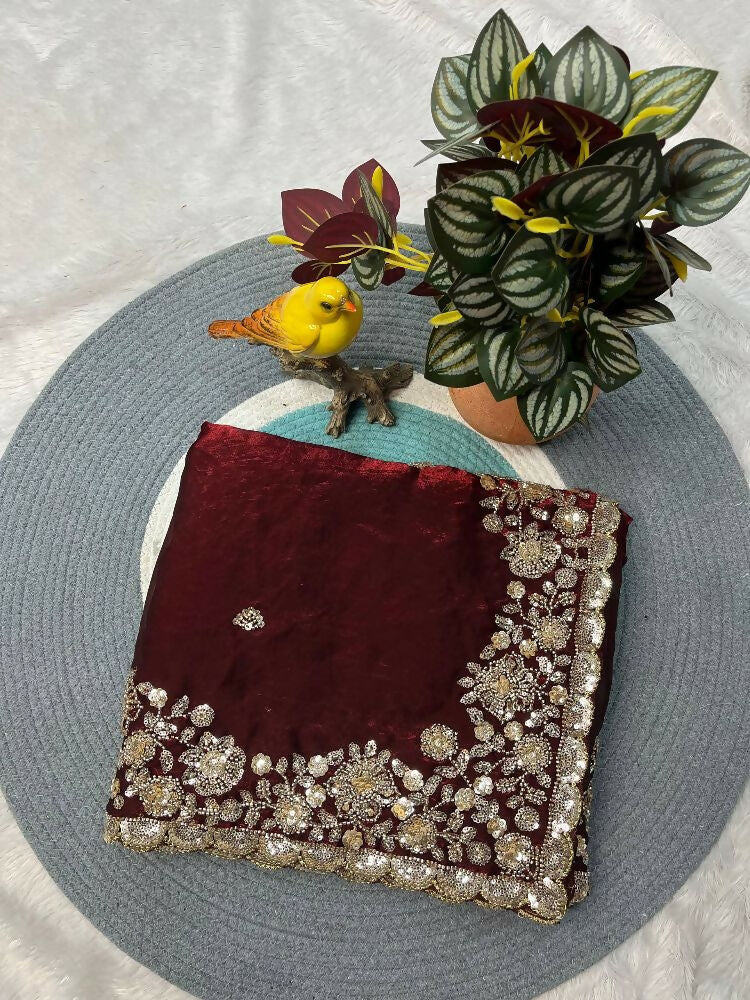 Joban Fashion Maroon Fandy Satin Silk Party Wear Sarees
