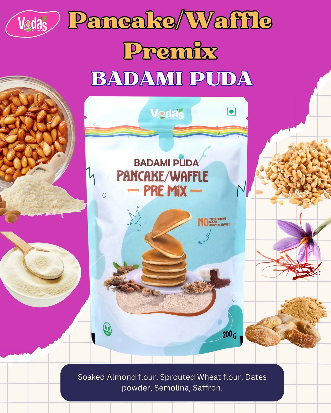 Vedas Kitchen Badami Puda Waffle/Pancake Premix  Grab2Buy Vedas Kitchen Grab2Buy