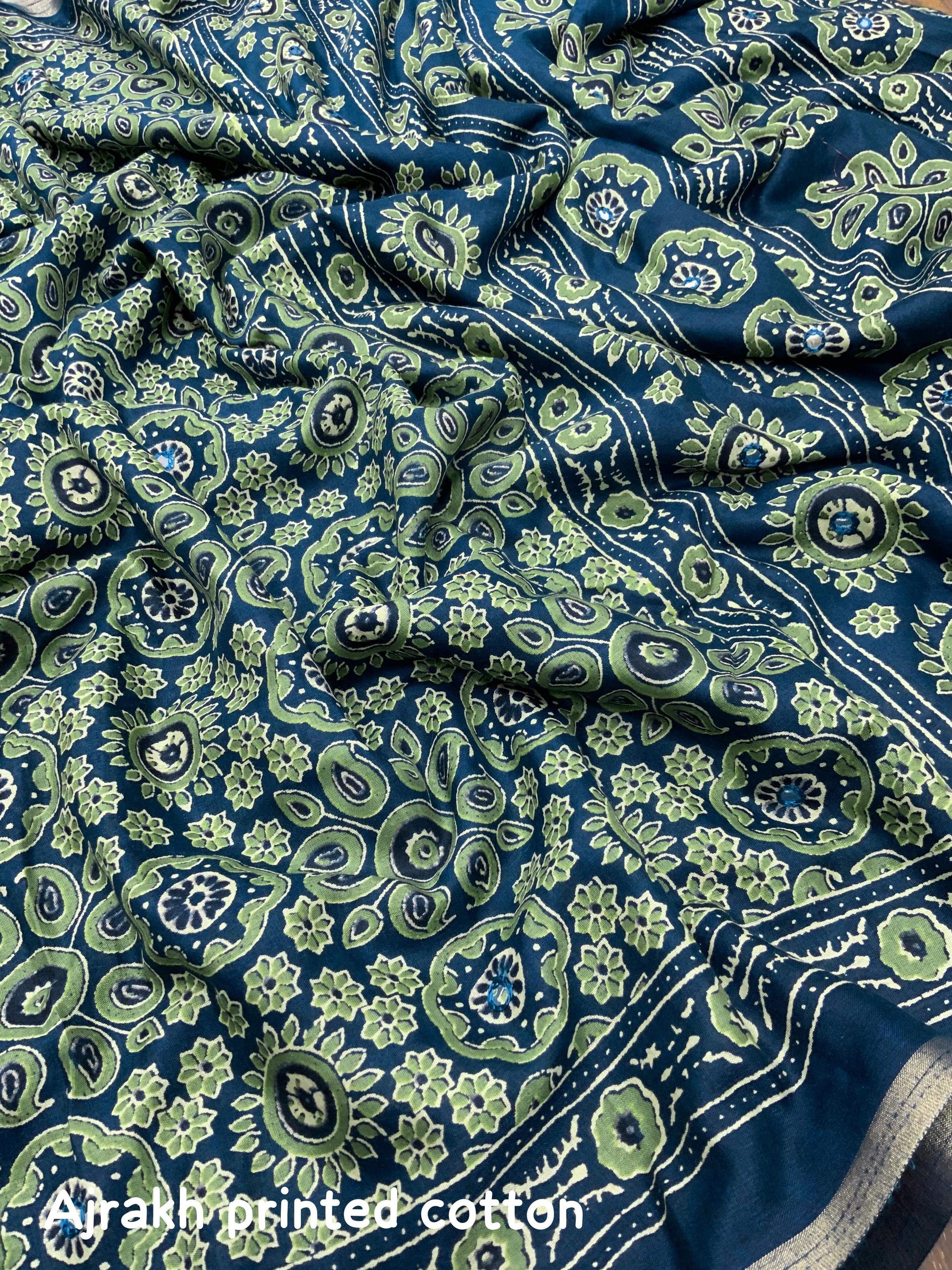 Blue Cotton Blend Ajrak Saree with Unstitched Blouse - A2M