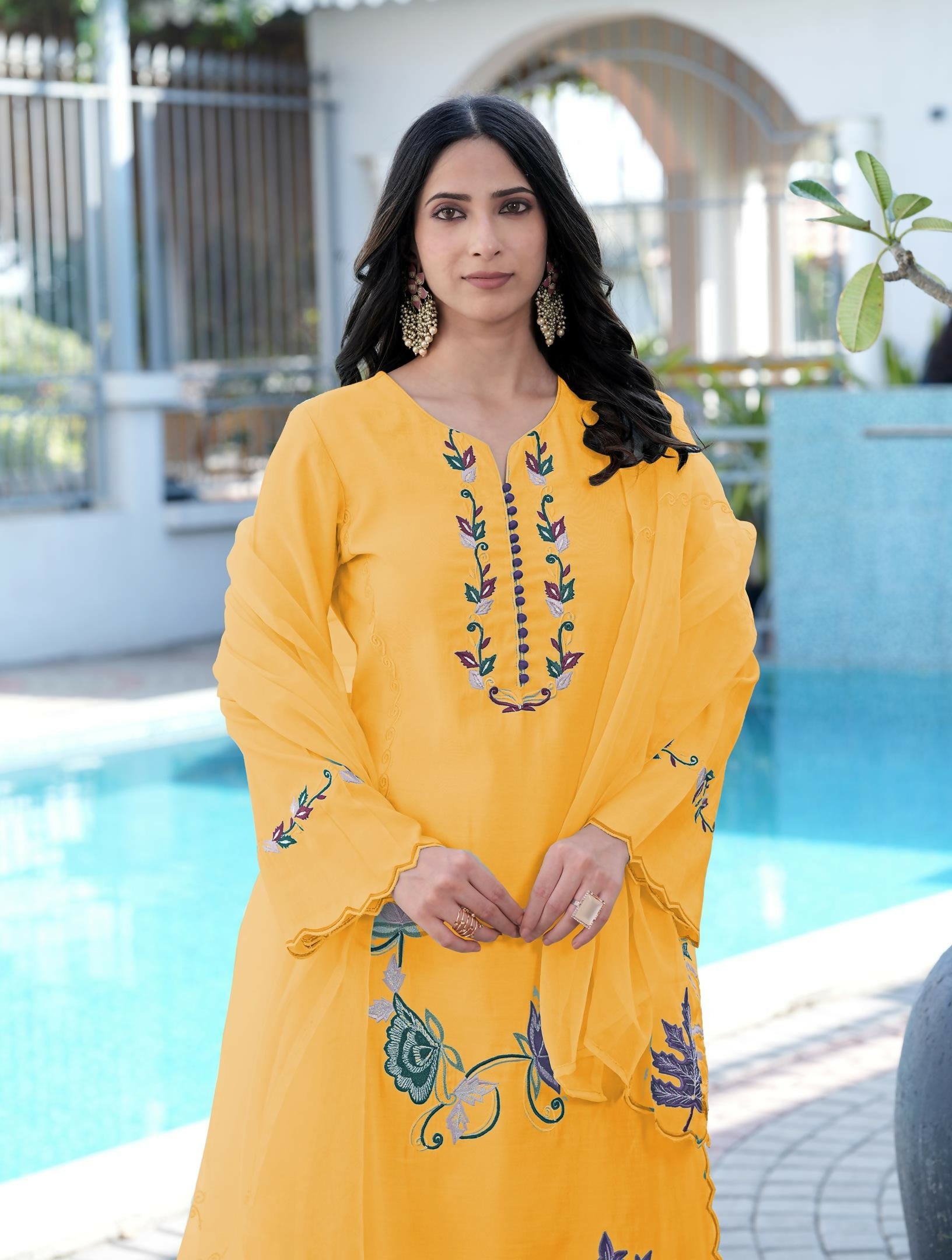 Nikhaar Yellow Embroidered Art Silk Stitched Straight Cut Kurta Pants Dupatta Readymade Suit