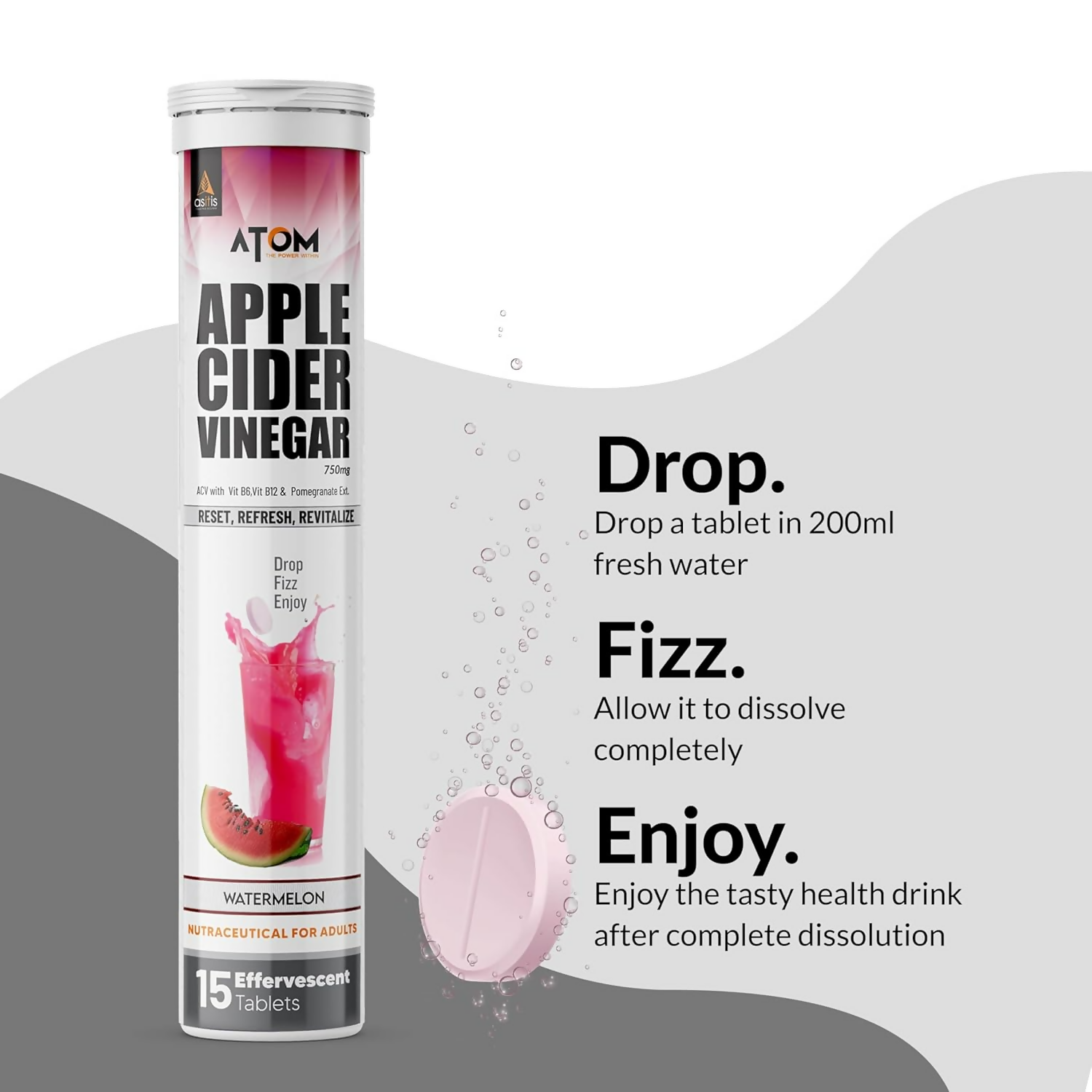 As-It-Is Atom Apple Cider Vinegar Effervescent Tablets Water Melon Flavor For Weight Loss 