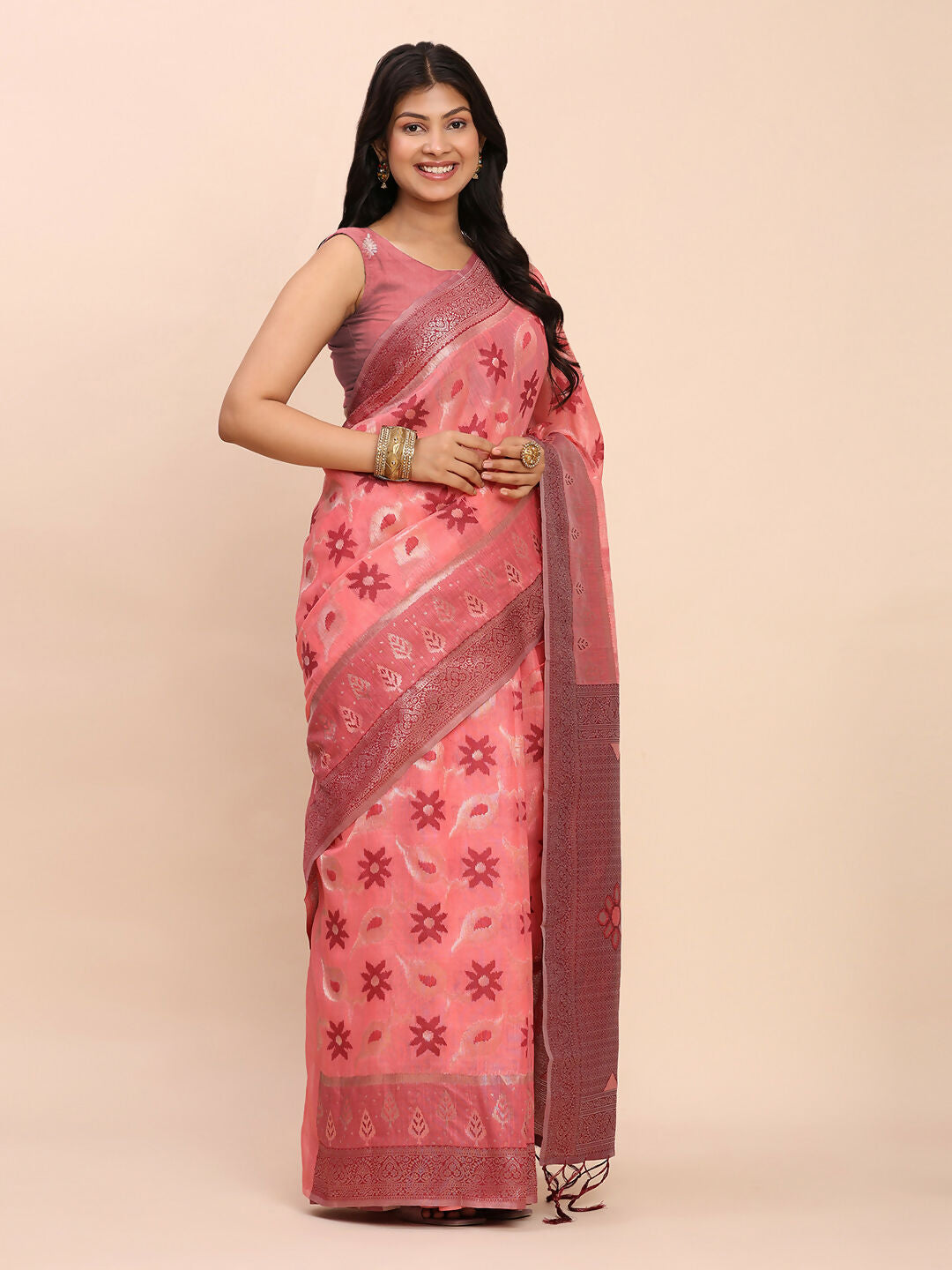 Shree Shyam Fashion Linen Cotton Peach Saree