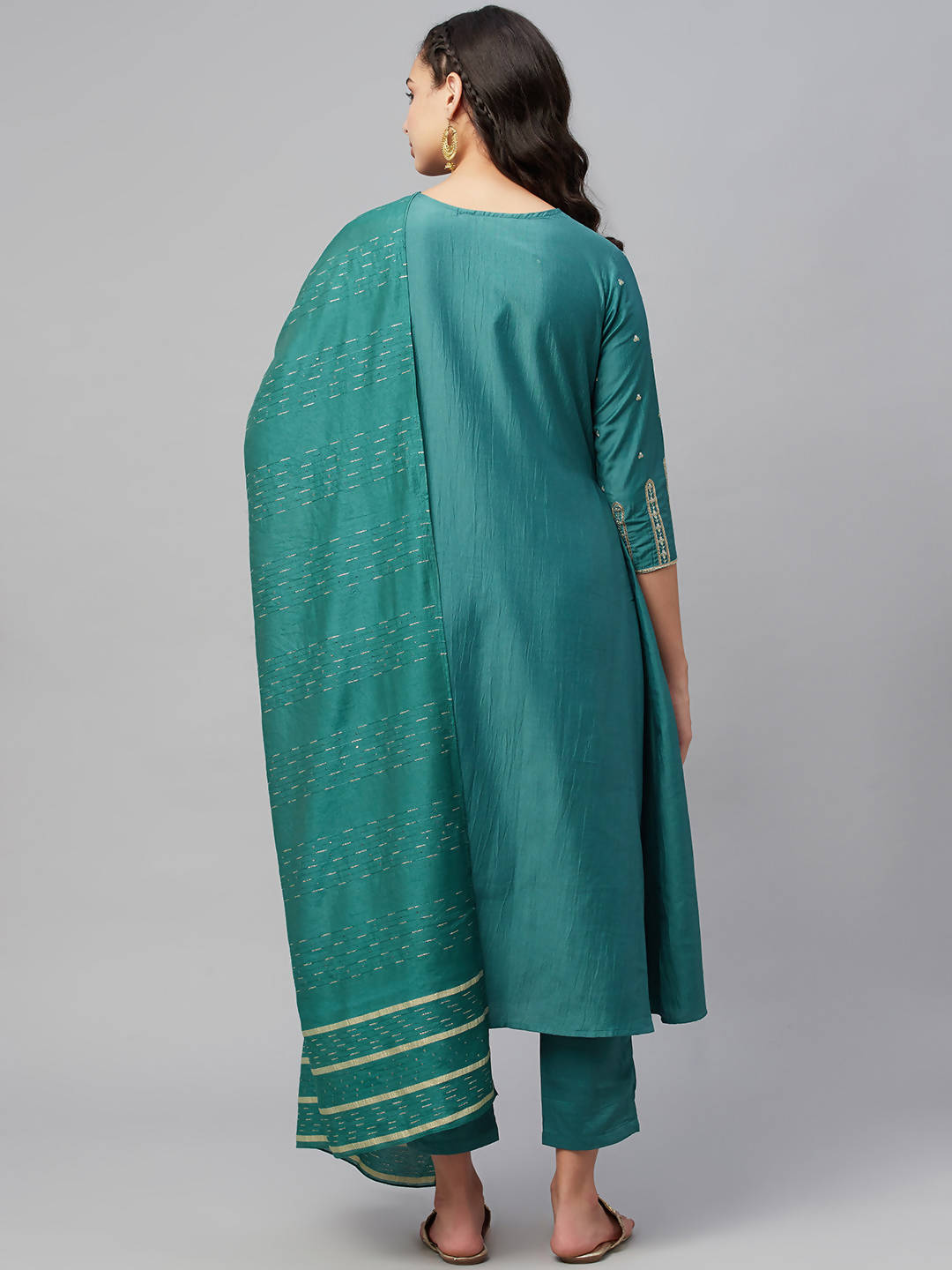 Myshka Dark Green Embroidered 3/4 Sleeve Round Neck Kurta Pant Dupatta Set