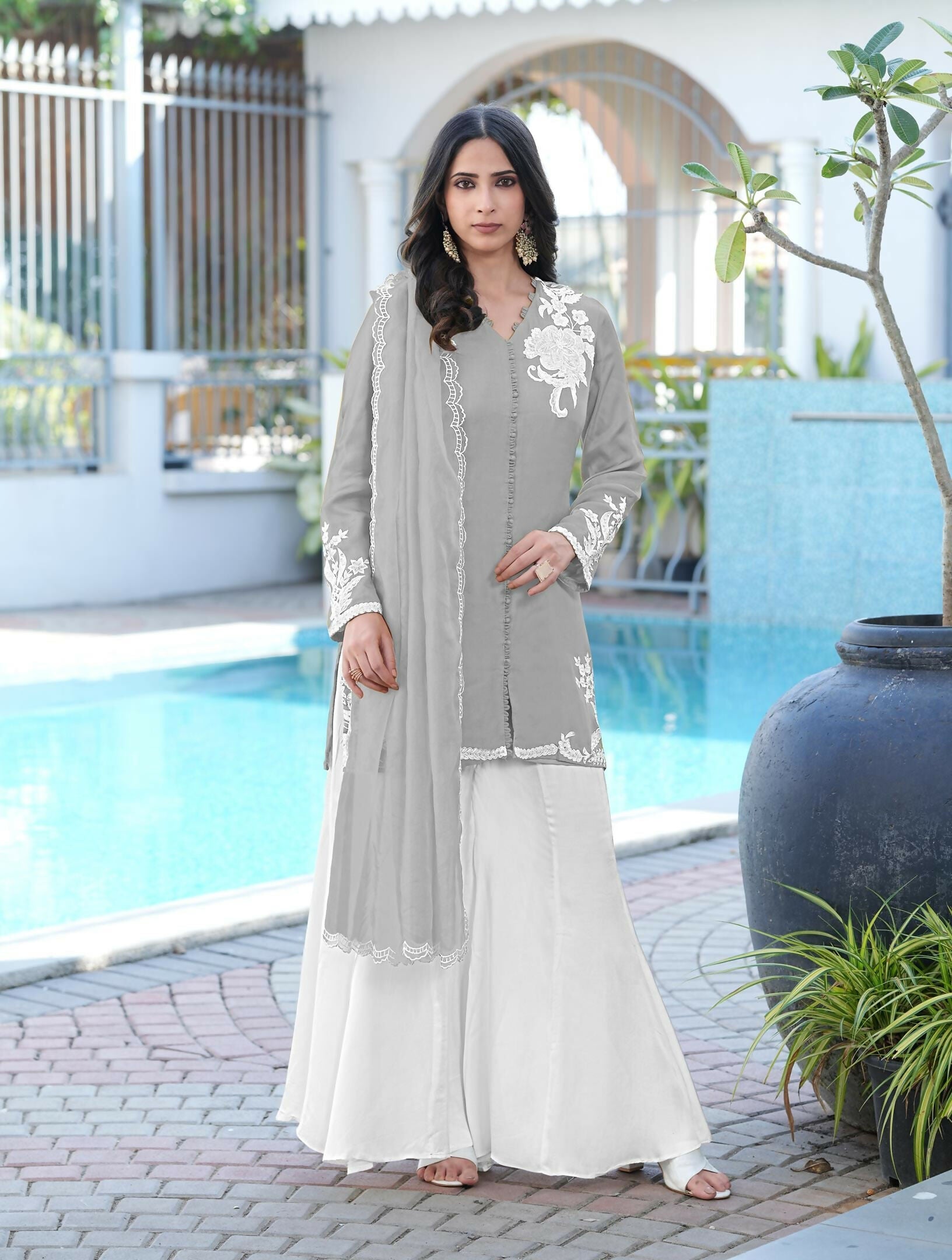 Nikhaar Grey Embroidered Modal Silk Stitched Straight Cut Kurta Kalidar Palazzo Dupatta Readymade Suit