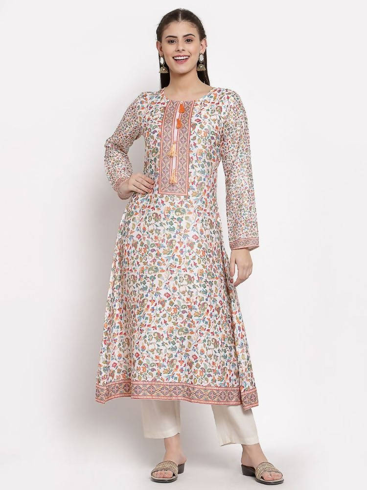 Myshka Women's Multi Cotton Printed Full Sleeve Round Neck Casual Kurta