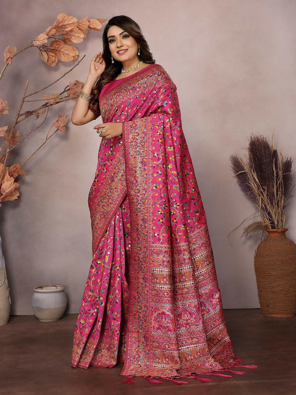 Joban Fashion Rani Pink Meena Weaves Pashmina Sarees