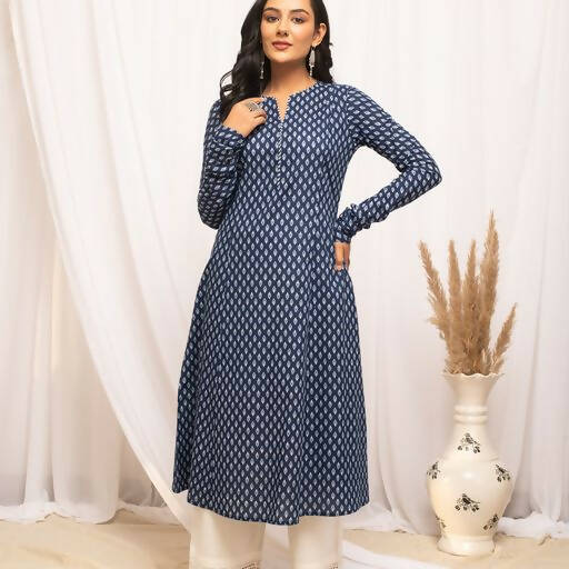 FIORRA Women's Floral Printed Navy Blue Cotton A-Line Kurta 