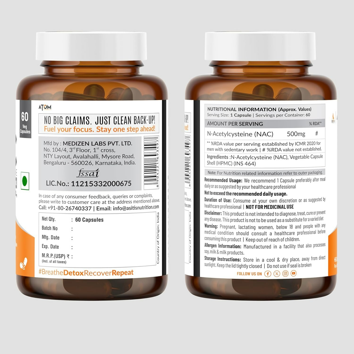 As-It-Is Atom Nac (N-Acetylcysteine) 500Mg Veg Capsules 