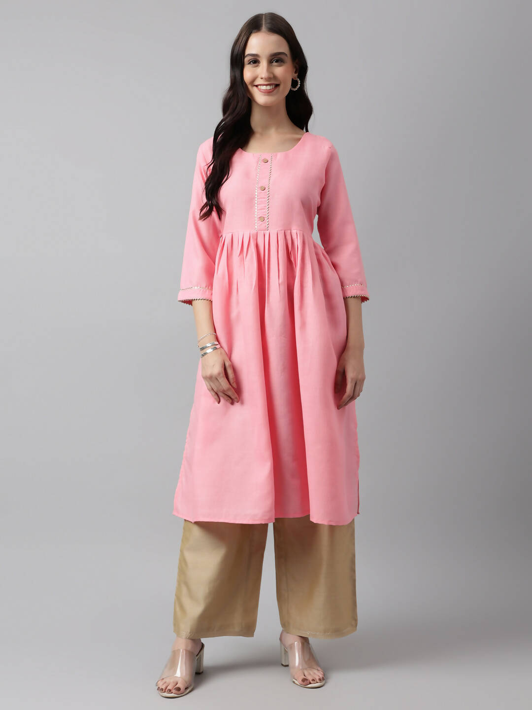 Pink Poly Cotton Solid Nayra Cut Kurta - Tirtha