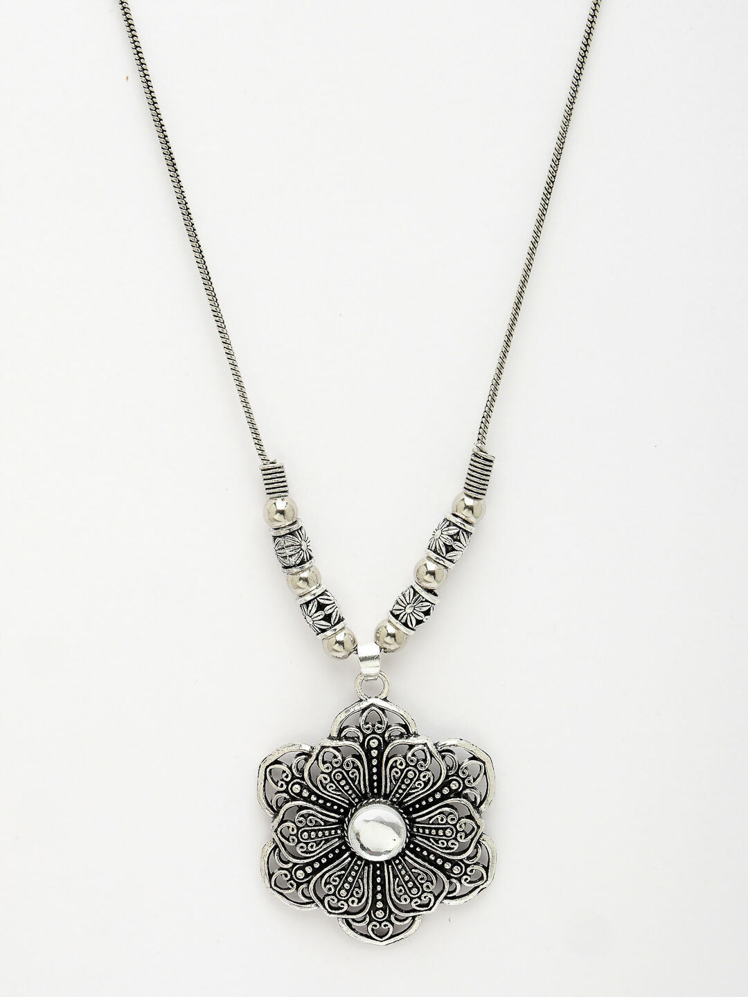 NVR Women's Silver-Toned Floral Shape Pendant with Chain 