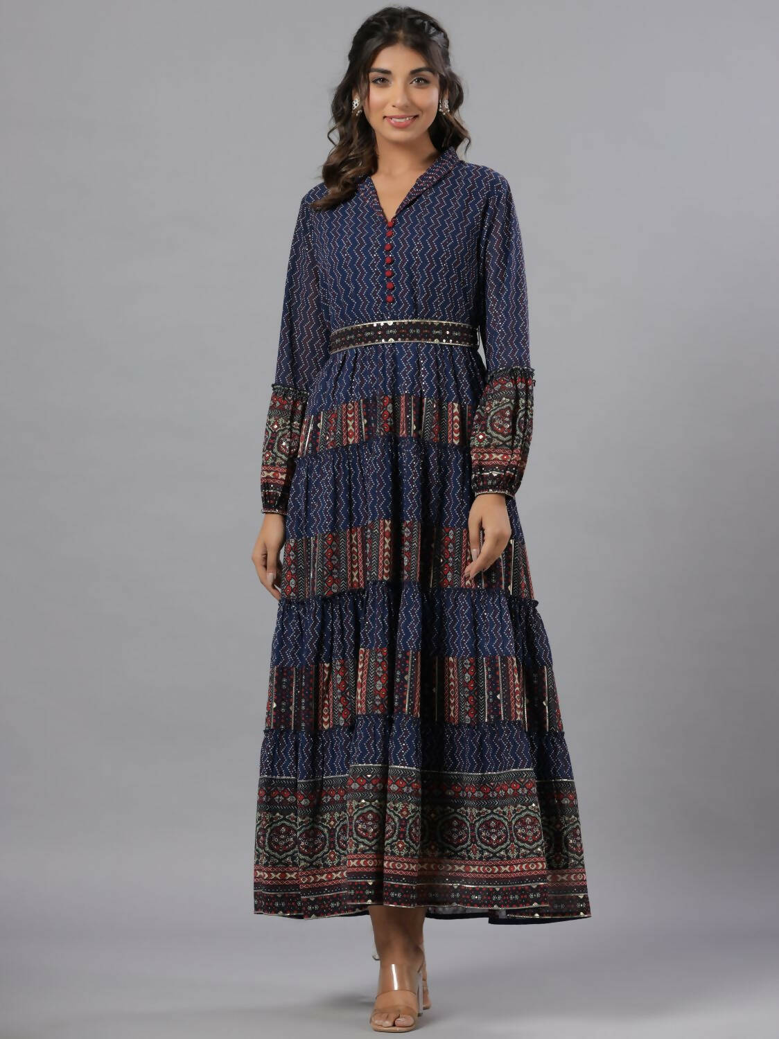 Juniper Women Navy Blue Georgette Printed Tiered Maxi Dress