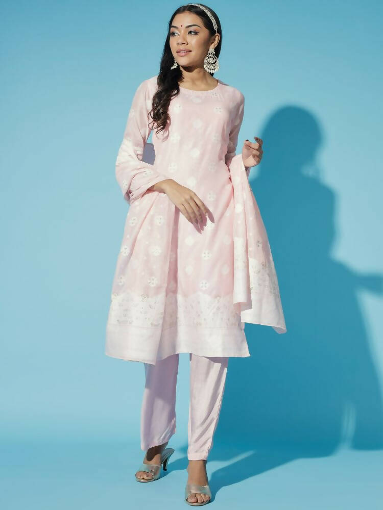 Myshka Women Pink Embroidered Kurta & Trousers With Dupatta