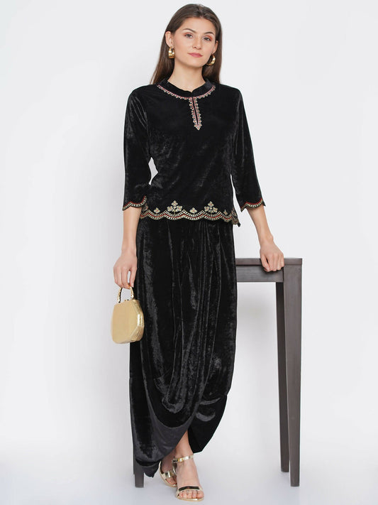 Women Republic Black Velvet Embroiderd Koti With Dhoti Pants - Grab2buy